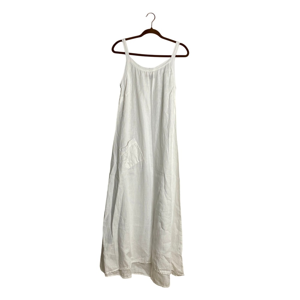 FLAX White Linen Maxi Dress Size M Pocket Coastal Grandmother Minimalist Cottage